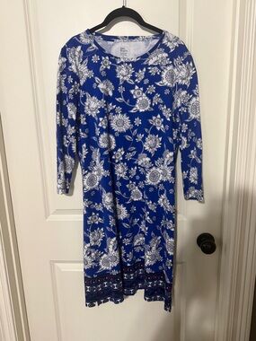 Kim Rogers Cobalt Blue and White Floral Long Sleeve Dress with Border Hem